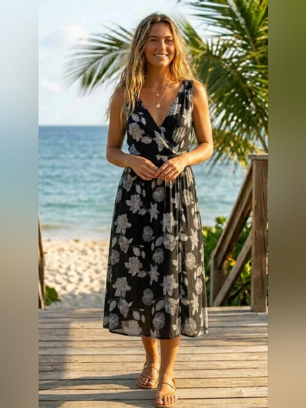 Roxy Floral Boho Midi Dress Black & White Women's Size Medium Like New